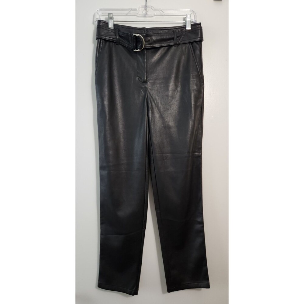 LOFT Womens Sz 0 Black Faux Leather Straight Leg Pants Belt Pockets Work Wear
